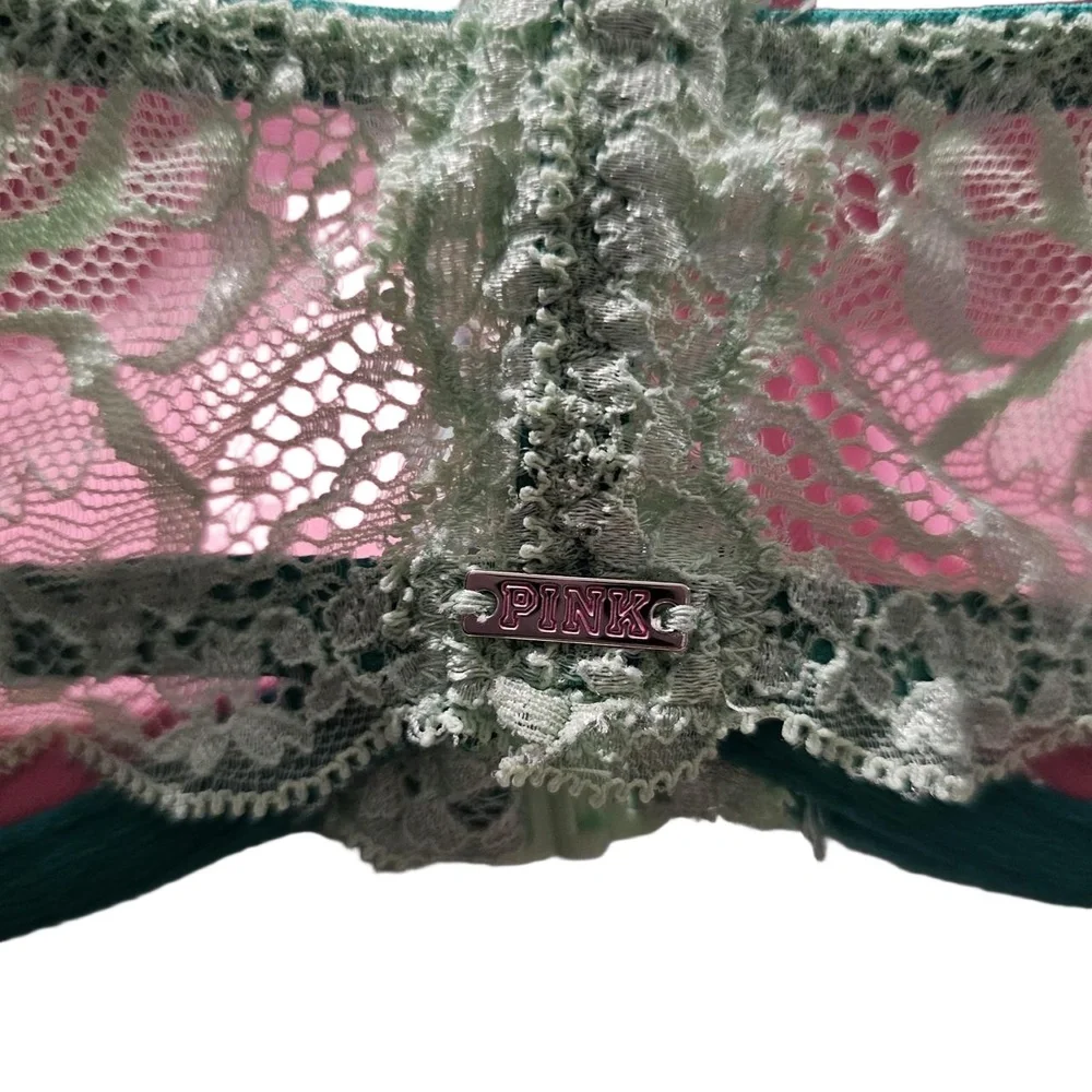 PINK Victorias Secret Bra Womens 32D Green Lace Front Clasp Pushup Underwire‎